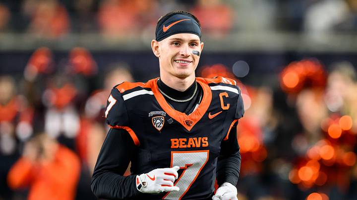 Nov 8, 2025; Corvallis, Oregon, USA; Oregon State Beavers wide receiver Trent Walker (7) is recognized on the field during senior ceremonies before the game against the Sam Houston Bearkats at Reser Stadium. Mandatory Credit: Craig Strobeck-Imagn Images