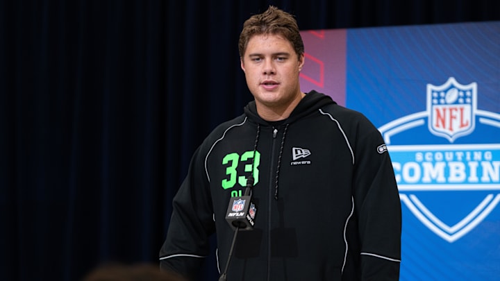Feb 28, 2026; Indianapolis, IN, USA; Utah offensive lineman Caleb Lomu (OL33) speaks to members of the media during the NFL Combine at the Indiana Convention Center. Mandatory Credit: Jacob Musselman-Imagn Images