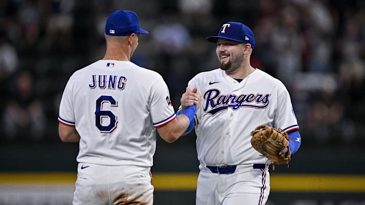 Apr 29, 2026; Arlington, Texas, USA; Texas Rangers third baseman Josh Jung (6) and first baseman Jake Burger (21) celebrate the win over the New York Yankees at Globe Life Field. Mandatory Credit: Jerome Miron-Imagn Images