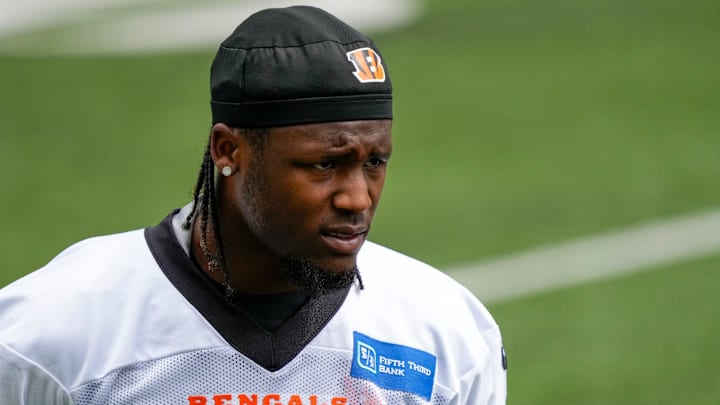 Cincinnati Bengals wide receiver Tee Higgins (5) walks down the sideline during an off-season workout inside Paycor Stadium in downtown Cincinnati on Wednesday, June 14, 2023. Cincinnati Bengals wide receiver Tee Higgins (5) walks down the sideline during an off-season workout inside Paycor Stadium in downtown Cincinnati on Wednesday, June 14, 2023.