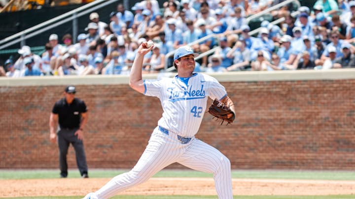 Jun 8, 2025; Chapel Hill, NC, USA; North Carolina pitcher Jake Knapp (42) pitches the ball during the seventh inning of the Super Regionals game against Arizona in Chapel Hill, North Carolina. Jun 8, 2025; Chapel Hill, NC, USA; North Carolina pitcher Jake Knapp (42) pitches the ball during the seventh inning of the Super Regionals game against Arizona in Chapel Hill, North Carolina.