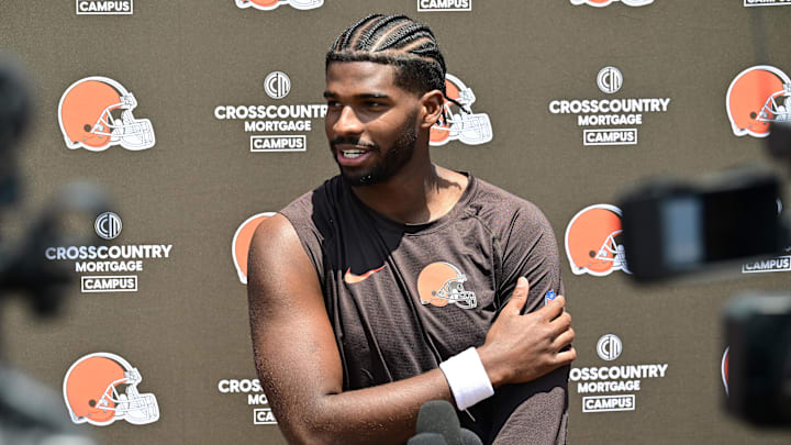 Cleveland Browns quarterback Shedeur Sanders talks to the media during minicamp.