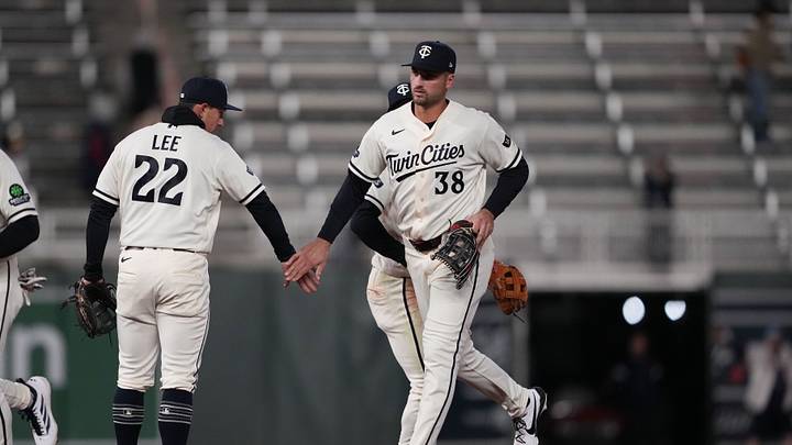 Apr 7, 2026; Minneapolis, Minnesota, USA; Minnesota Twins shortstop Brooks Lee (22) and right fielder Matt Wallner (38) celebrate after defeating the Detroit Tigers at Target Field. Mandatory Credit: Jordan Johnson-Imagn Images Apr 7, 2026; Minneapolis, Minnesota, USA; Minnesota Twins shortstop Brooks Lee (22) and right fielder Matt Wallner (38) celebrate after defeating the Detroit Tigers at Target Field. Mandatory Credit: Jordan Johnson-Imagn Images