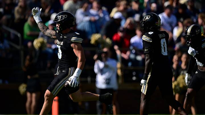 Sep 26, 2026; West Lafayette, Indiana, USA; Purdue Boilermakers linebacker Charles Correa (5) reacts ahead of linebacker Jojo Hayden (0) after an interception in the third quarter against the Notre Dame Fighting Irish at Ross-Ade Stadium. Mandatory Credit: Marc Lebryk-Imagn Images Sep 26, 2026; West Lafayette, Indiana, USA; Purdue Boilermakers linebacker Charles Correa (5) reacts ahead of linebacker Jojo Hayden (0) after an interception in the third quarter against the Notre Dame Fighting Irish at Ross-Ade Stadium. Mandatory Credit: Marc Lebryk-Imagn Images