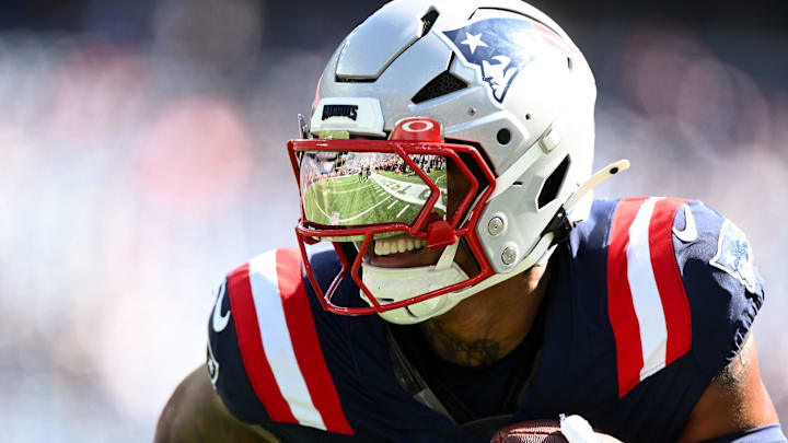 Oct 6, 2024; Foxborough, Massachusetts, USA;  New England Patriots wide receiver Kendrick Bourne (84) runs with the ball before a game against the Miami Dolphins at Gillette Stadium. Mandatory Credit: Brian Fluharty-Imagn Images
