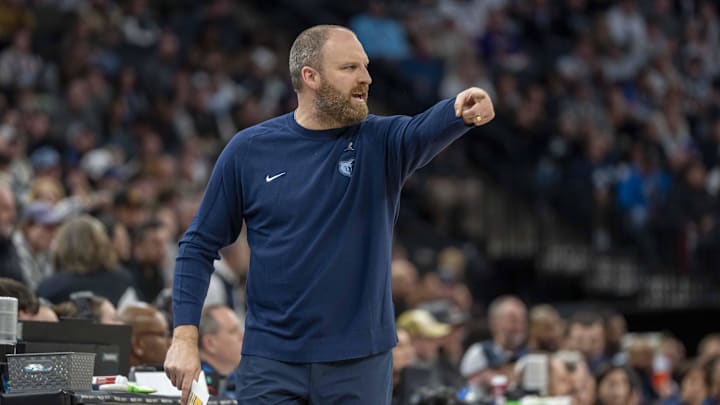 Jan 11, 2025; Minneapolis, Minnesota, USA; Memphis Grizzlies head coach Taylor Jenkins reacts in the first half against the Minnesota Timberwolves at Target Center. Mandatory Credit: Jesse Johnson-Imagn Images