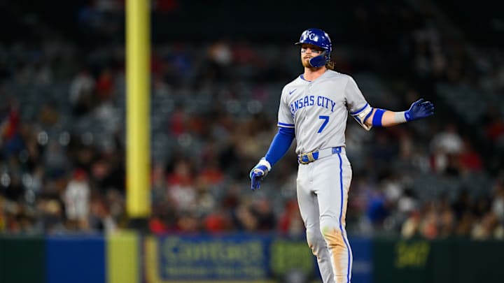 Sep 25, 2025; Anaheim, California, USA; Kansas City Royals shortstop Bobby Witt Jr. (7) gestures after hitting a double during the eighth inning against the Los Angeles Angels at Angel Stadium. Mandatory Credit: William Liang-Imagn Images