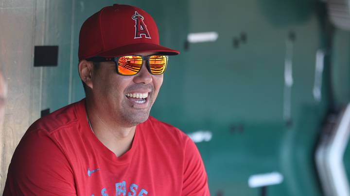 Sep 6, 2026; Pittsburgh, Pennsylvania, USA;  Los Angeles Angels manager Kurt Suzuki (8) looks on in the dugout before the game against the Pittsburgh Pirates at PNC Park.  Mandatory Credit: Charles LeClaire-Imagn Images