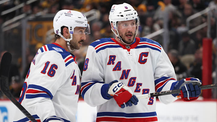 Jan 31, 2026; Pittsburgh, Pennsylvania, USA; New York Rangers center Vincent Trocheck (16) and center J.T. Miller (right) talk on the ice against the Pittsburgh Penguins during the second period at PPG Paints Arena. Mandatory Credit: Charles LeClaire-Imagn Images Jan 31, 2026; Pittsburgh, Pennsylvania, USA; New York Rangers center Vincent Trocheck (16) and center J.T. Miller (right) talk on the ice against the Pittsburgh Penguins during the second period at PPG Paints Arena. Mandatory Credit: Charles LeClaire-Imagn Images