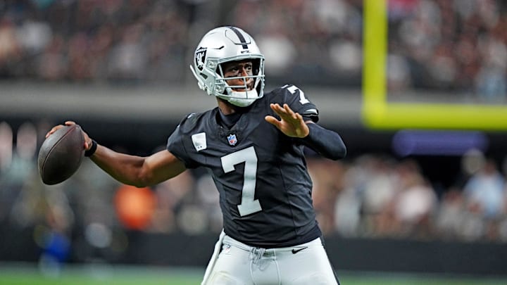 Nov 2, 2025; Paradise, Nevada, USA; Las Vegas Raiders quarterback Geno Smith (7) drops back to make a pass during the second half against the Jacksonville Jaguars at Allegiant Stadium. Mandatory Credit: Kirby Lee-Imagn Images