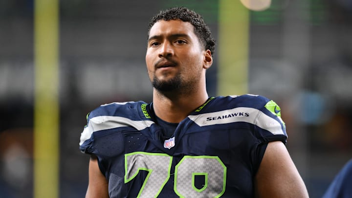 Aug 10, 2023; Seattle, Washington, USA; Seattle Seahawks offensive tackle Stone Forsythe (78) after the game against the Minnesota Vikings at Lumen Field. Aug 10, 2023; Seattle, Washington, USA; Seattle Seahawks offensive tackle Stone Forsythe (78) after the game against the Minnesota Vikings at Lumen Field.