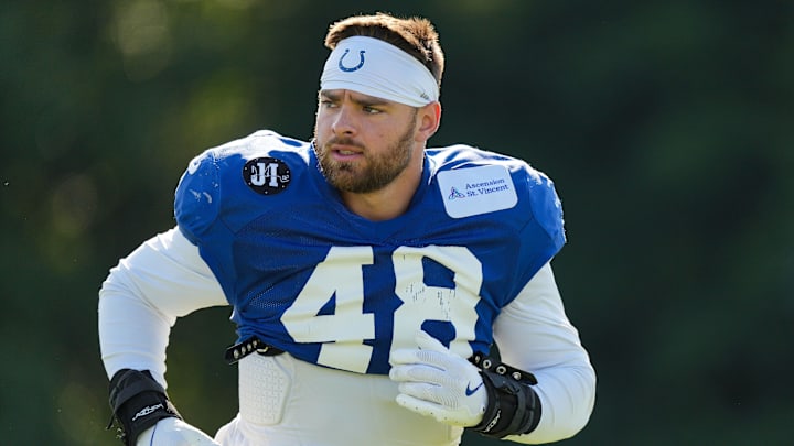 Indianapolis Colts linebacker Joe Bachie (48) jogs up the field Sunday, Aug. 3, 2025, during Indianapolis Colts Training Camp at Grand Park in Westfield.
