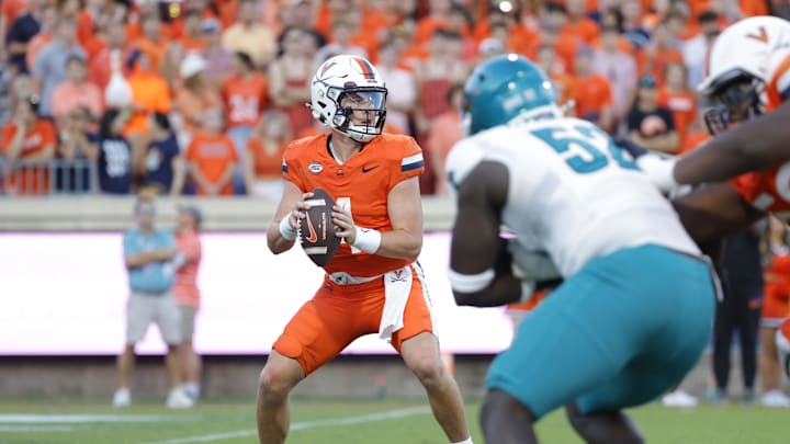 Aug 30, 2025; Charlottesville, Virginia, USA; Virginia Cavaliers quarterback Chandler Morris (4) prepares to throw the ball against the Coastal Carolina Chanticleers during the second quarter at Scott Stadium. Mandatory Credit: Amber Searls-Imagn Images Aug 30, 2025; Charlottesville, Virginia, USA; Virginia Cavaliers quarterback Chandler Morris (4) prepares to throw the ball against the Coastal Carolina Chanticleers during the second quarter at Scott Stadium. Mandatory Credit: Amber Searls-Imagn Images