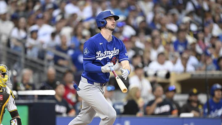 Jun 27, 2026; San Diego, California, USA; Los Angeles Dodgers right fielder Kyle Tucker (23) hits a two-run home run during the sixth inning against the San Diego Padres at Petco Park. Mandatory Credit: Denis Poroy-Imagn Images