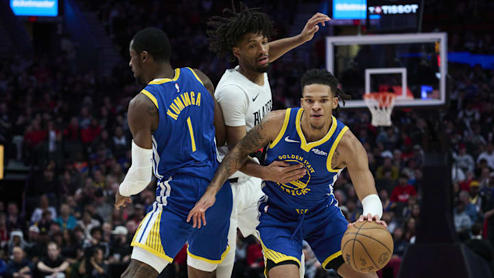 Oct 14, 2025; Portland, Oregon, USA; Golden State Warriors guard Will Richard (3) drives around forward Jonathan Kuminga (1) during the first half against Portland Trail Blazers guard Shaedon Sharpe (17) at Moda Center. Mandatory Credit: Troy Wayrynen-Imagn Images Oct 14, 2025; Portland, Oregon, USA; Golden State Warriors guard Will Richard (3) drives around forward Jonathan Kuminga (1) during the first half against Portland Trail Blazers guard Shaedon Sharpe (17) at Moda Center. Mandatory Credit: Troy Wayrynen-Imagn Images