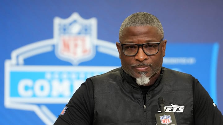Feb 24, 2026; Indianapolis, IN, USA; New York Jets coach Aaron Glenn speaks at the NFL Scouting Combine at the Indiana Convention Center. Mandatory Credit: Kirby Lee-Imagn Images