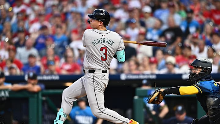 Jun 21, 2024; Philadelphia, Pennsylvania, USA; Arizona Diamondbacks designated hitter Joc Pederson (3) hits a single against the Philadelphia Phillies in the fifth inning at Citizens Bank Park. Mandatory Credit: Kyle Ross-USA TODAY Sports