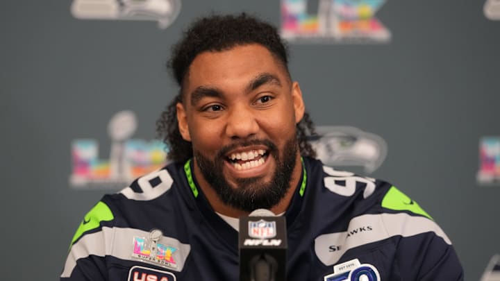 Seattle Seahawks' Leonard Williams talks to media members