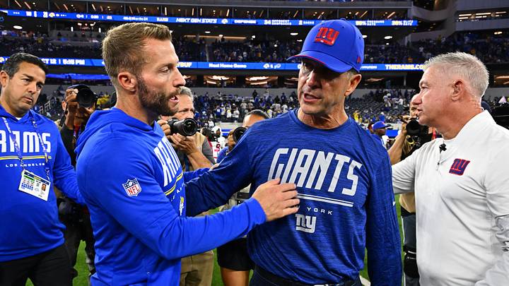 Sep 21, 2026; Inglewood, California, USA;  New York Giants head coach John Harbaugh greets Los Angeles Rams head coach Sean McVay after the Rams defeated the Giants at SoFi Stadium.   