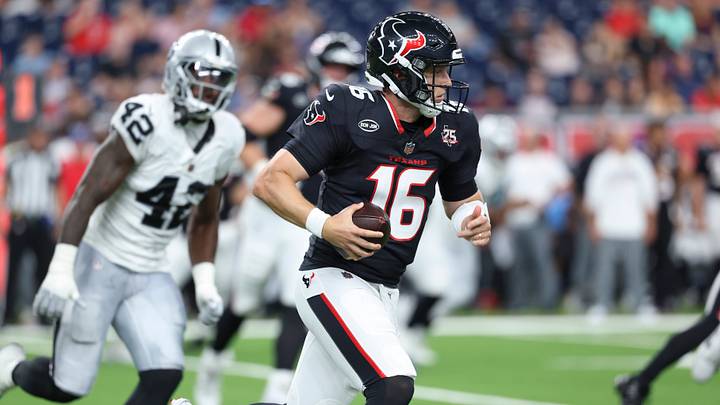 Aug 20, 2026; Houston, Texas, USA; Houston Texans quarterback Brett Rypien (16) runs with the ball during the fourth quarter against the Las Vegas Raiders at Reliant Stadium. Mandatory Credit: Troy Taormina-Imagn Images Aug 20, 2026; Houston, Texas, USA; Houston Texans quarterback Brett Rypien (16) runs with the ball during the fourth quarter against the Las Vegas Raiders at Reliant Stadium. Mandatory Credit: Troy Taormina-Imagn Images