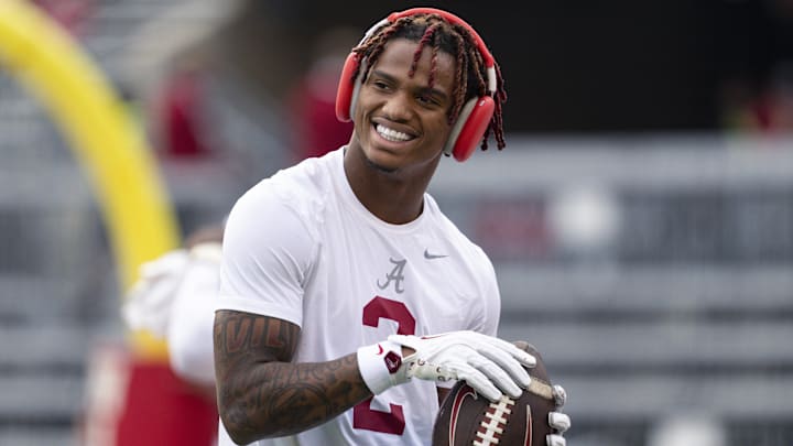 Sep 14, 2024; Madison, Wisconsin, USA;  Alabama Crimson Tide wide receiver Ryan Williams (2) looks on during warmups prior to the game against the Wisconsin Badgers at Camp Randall Stadium. Mandatory Credit: Jeff Hanisch-Imagn Images