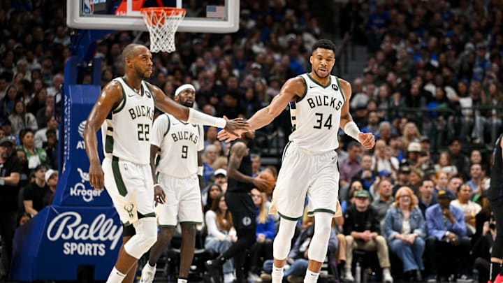 Feb 3, 2024; Dallas, Texas, USA; Milwaukee Bucks forward Khris Middleton (22) and forward Giannis Antetokounmpo (34) during the game between the Dallas Mavericks and the Milwaukee Bucks at the American Airlines Center. Mandatory Credit: Jerome Miron-Imagn Images Feb 3, 2024; Dallas, Texas, USA; Milwaukee Bucks forward Khris Middleton (22) and forward Giannis Antetokounmpo (34) during the game between the Dallas Mavericks and the Milwaukee Bucks at the American Airlines Center. Mandatory Credit: Jerome Miron-Imagn Images