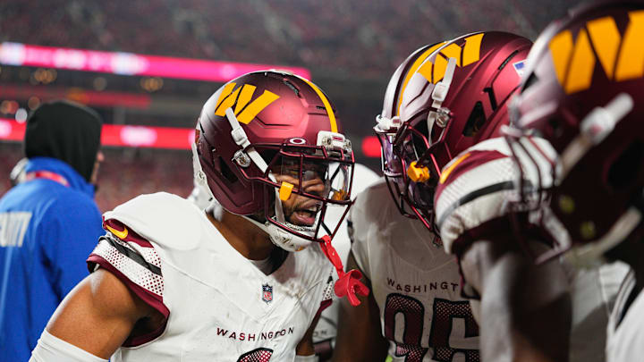 Oct 27, 2025; Kansas City, Missouri, USA; Washington Commanders cornerback Marshon Lattimore (2) celebrates an interception against the Kansas City Chiefs during the first quarter of the game at GEHA Field at Arrowhead Stadium. Mandatory Credit: Jay Biggerstaff-Imagn Images Oct 27, 2025; Kansas City, Missouri, USA; Washington Commanders cornerback Marshon Lattimore (2) celebrates an interception against the Kansas City Chiefs during the first quarter of the game at GEHA Field at Arrowhead Stadium. Mandatory Credit: Jay Biggerstaff-Imagn Images
