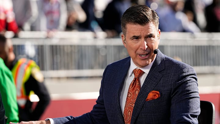 Rece Davis prepares to broadcast from the field on the ESPN College Gameday set prior to the NCAA football game between the Penn State Nittany Lions and the Ohio State Buckeyes at Beaver Stadium in University Park, Pa. on Saturday, Nov. 2, 2024.