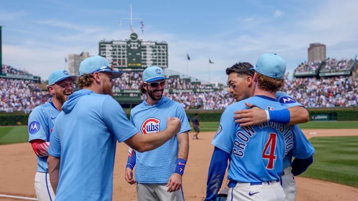 Michael Busch, Carson Kelly, Dansby Swanson, Seiya Suzuki, and Pete Crow-Armstrong hang out before a game at Wrigley Field. Michael Busch, Carson Kelly, Dansby Swanson, Seiya Suzuki, and Pete Crow-Armstrong hang out before a game at Wrigley Field.