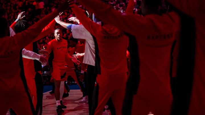 Oct 6, 2025; Vancouver, British Columbia, CAN; Toronto Raptors guard Scottie Barnes (4) walks out during player introductions prior to the start of a game against the Denver Nuggets at Rogers Arena. Mandatory Credit: Bob Frid-Imagn Images