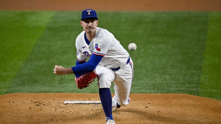 Jul 6, 2024; Arlington, Texas, USA; Texas Rangers starting pitcher Andrew Heaney (44) pitches against the Tampa Bay Rays during the first inning at Globe Life Field. Mandatory Credit: Jerome Miron-USA TODAY Sports