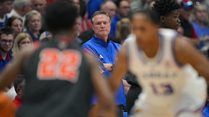 Nov 15, 2025; Lawrence, Kansas, USA; Kansas Jayhawks head coach Bill Self looks on during the first half against the Princeton Tigers at Allen Fieldhouse. Mandatory Credit: Jay Biggerstaff-Imagn Images Nov 15, 2025; Lawrence, Kansas, USA; Kansas Jayhawks head coach Bill Self looks on during the first half against the Princeton Tigers at Allen Fieldhouse. Mandatory Credit: Jay Biggerstaff-Imagn Images
