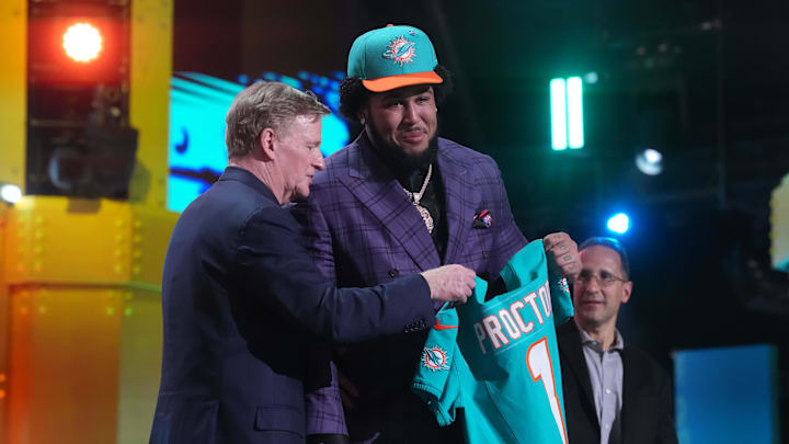 Alabama Crimson Tide tackle Kadyn Proctor is selected by the Miami Dolphins as the No. 12 pick during the 2026 NFL Draft at Acrisure Stadium.