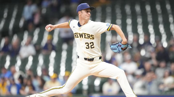 Apr 14, 2026; Milwaukee, Wisconsin, USA;  Milwaukee Brewers pitcher Jacob Misiorowski (32) throws a pitch during the first inning against the Toronto Blue Jays at American Family Field. Mandatory Credit: Jeff Hanisch-Imagn Images