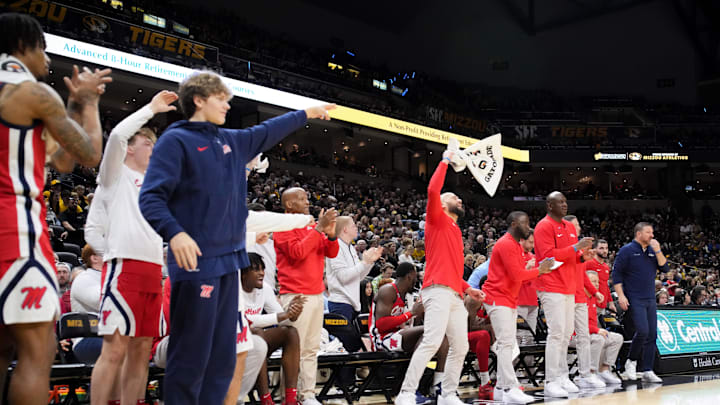Mar 2, 2024; Columbia, Missouri, USA; Mississippi Rebels players and coaches celebrate against the Missouri Tigers after a score during the first half at Mizzou Arena. Mandatory Credit: Denny Medley-Imagn Images