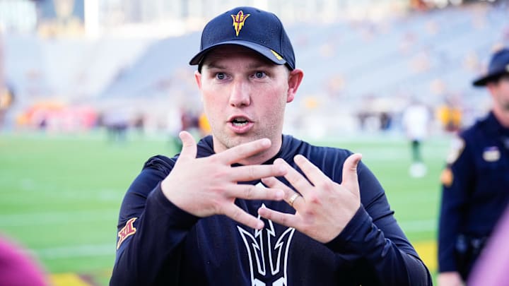 Arizona State Sun Devils head coach Kenny Dillingham speaks prior to a game against Northern Arizona University at Mountain America Stadium. Arizona State Sun Devils head coach Kenny Dillingham speaks prior to a game against Northern Arizona University at Mountain America Stadium.