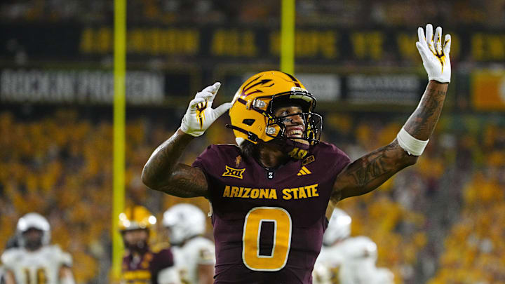 Arizona State wide receiver Jordyn Tyson (0) waves to fans after a reception against NAU during a game at Mountain America Stadium in Tempe on Aug. 30, 2025. Arizona State wide receiver Jordyn Tyson (0) waves to fans after a reception against NAU during a game at Mountain America Stadium in Tempe on Aug. 30, 2025.