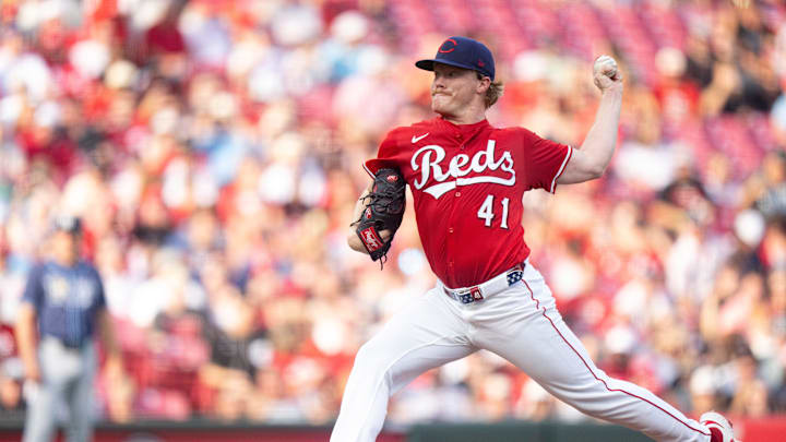 Cincinnati Reds pitcher Andrew Abbott (41) pitches in the first inning between Cincinnati Reds and Tampa Bay Rays at Great American Ball Park in Cincinnati on July 26, 2025. Cincinnati Reds pitcher Andrew Abbott (41) pitches in the first inning between Cincinnati Reds and Tampa Bay Rays at Great American Ball Park in Cincinnati on July 26, 2025.