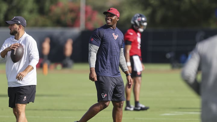 Jul 24, 2025; Houston, TX, USA; Houston Texans head coach DeMeco Ryans during training camp at Houston Methodist Training Center. Mandatory Credit: Troy Taormina-Imagn Images