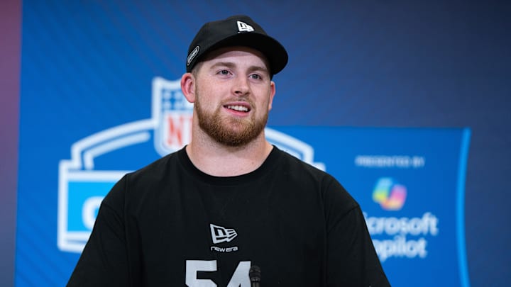 Feb 28, 2026; Indianapolis, IN, USA; Washington offensive lineman Carver Willis (OL54) speaks to members of the media during the NFL Combine at the Indiana Convention Center. Mandatory Credit: Jacob Musselman-Imagn Images
