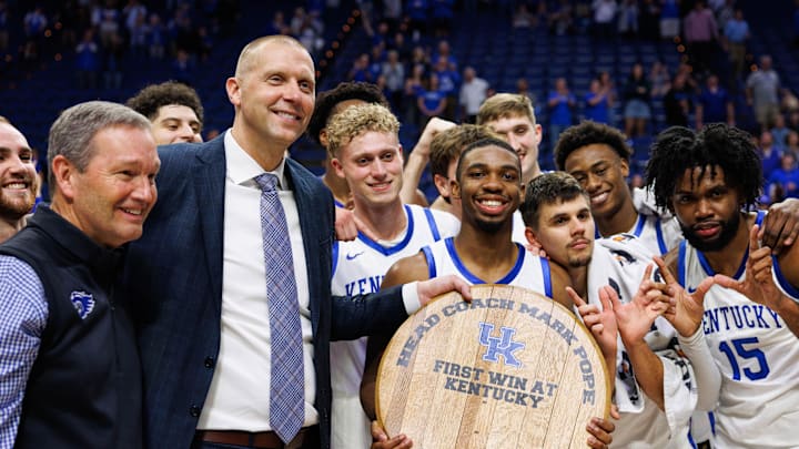 Nov 4, 2024; Lexington, Kentucky, USA; Kentucky Wildcats head coach Mark Pope poses for a photo after Kentucky’s win against the Wright State Raiders at Rupp Arena at Central Bank Center. Mandatory Credit: Jordan Prather-Imagn Images