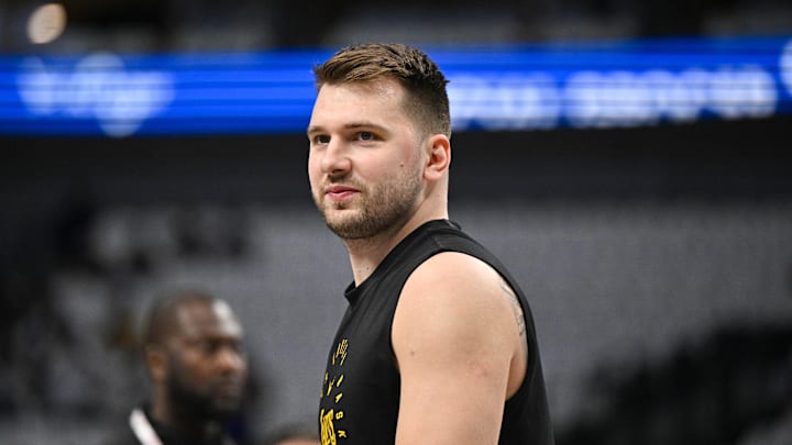 Apr 9, 2025; Dallas, Texas, USA; Los Angeles Lakers guard Luka Doncic (77) warms up before the game between the Dallas Mavericks and the Los Angeles Lakers during the first quarter at the  American Airlines Center. Mandatory Credit: Jerome Miron-Imagn Images