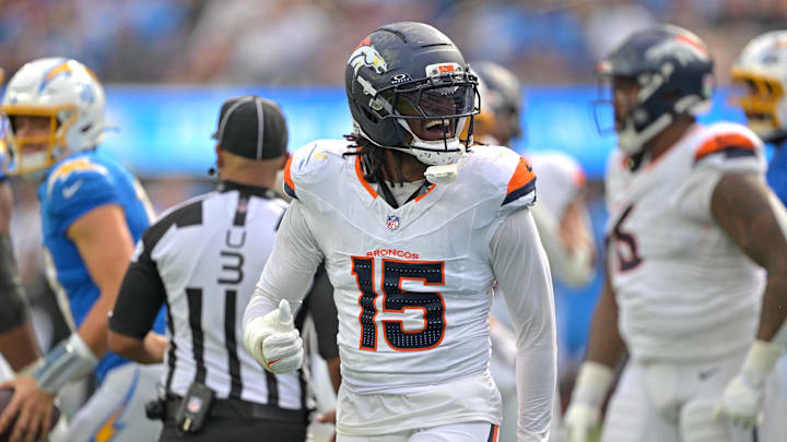 Sep 21, 2025; Inglewood, California, USA;   Denver Broncos linebacker Nik Bonitto (15) celebrates after a sack of Los Angeles Chargers quarterback Justin Herbert (10) in the second half at SoFi Stadium. Mandatory Credit: Jayne Kamin-Oncea-Imagn Images