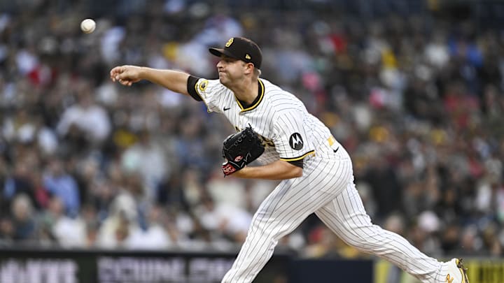 May 12, 2025; San Diego, California, USA; San Diego Padres starting pitcher Michael King (34) delivers during the second inning against the Los Angeles Angels at Petco Park. Mandatory Credit: Denis Poroy-Imagn Images May 12, 2025; San Diego, California, USA; San Diego Padres starting pitcher Michael King (34) delivers during the second inning against the Los Angeles Angels at Petco Park. Mandatory Credit: Denis Poroy-Imagn Images