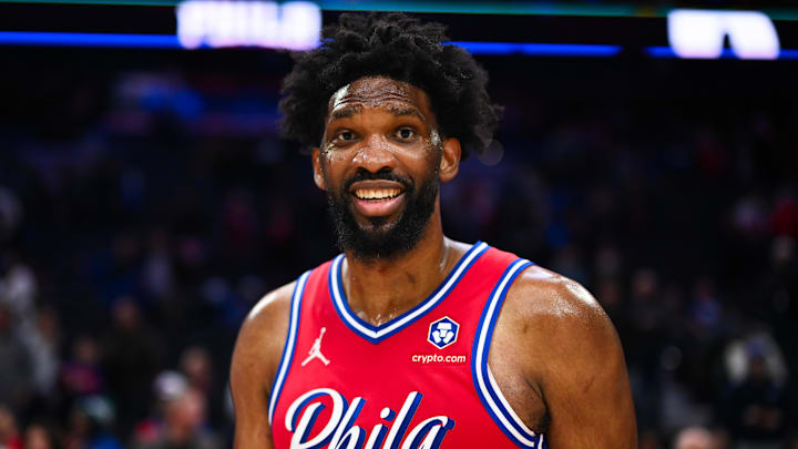 Dec 20, 2024; Philadelphia, Pennsylvania, USA; Philadelphia 76ers center Joel Embiid (21) looks on after the game against the Charlotte Hornets at Wells Fargo Center. Mandatory Credit: Kyle Ross-Imagn Images