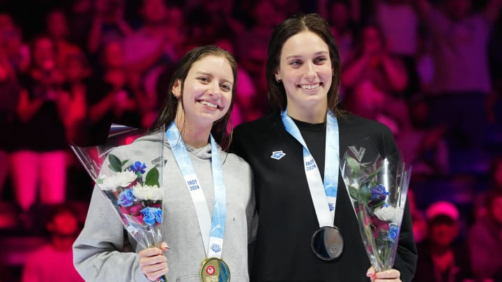 Kate Douglass and Alex Walsh pose for a photo during the medal ceremony for the 200-meter individual medley final, Saturday, June 22, 2024, during the eighth day of the U.S. Olympic Team Swimming Trials at Lucas Oil Stadium in Indianapolis.