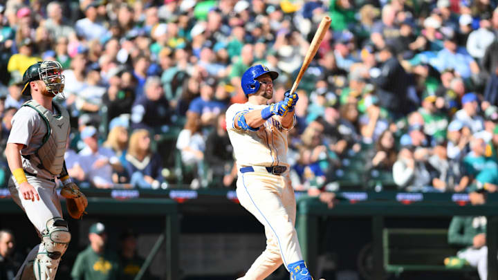 Seattle Mariners catcher Cal Raleigh (29) hits a 2-run home run against the Oakland Athletics during the fifth inning at T-Mobile Park on Sept 29.