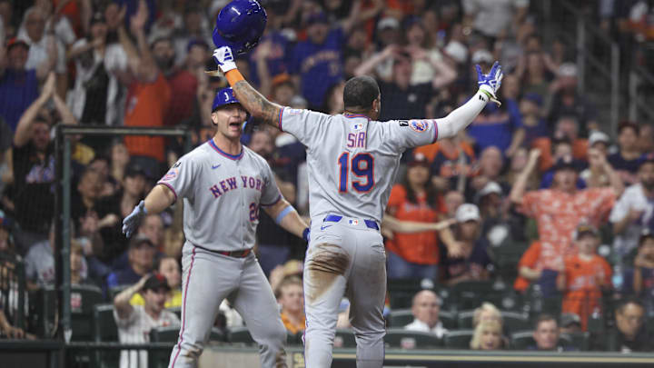 Mar 29, 2025; Houston, Texas, USA; New York Mets center fielder Jose Siri (19) reacts with first baseman Pete Alonso (20) after scoring a run during the sixth inning against the Houston Astros at Daikin Park. Mandatory Credit: Troy Taormina-Imagn Images Mar 29, 2025; Houston, Texas, USA; New York Mets center fielder Jose Siri (19) reacts with first baseman Pete Alonso (20) after scoring a run during the sixth inning against the Houston Astros at Daikin Park. Mandatory Credit: Troy Taormina-Imagn Images