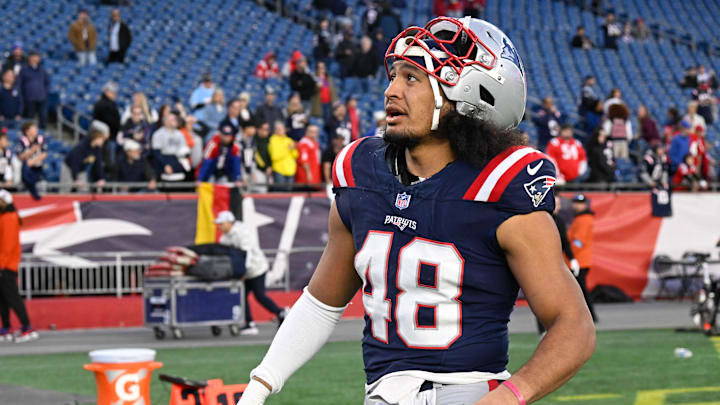 Nov 17, 2024; Foxborough, Massachusetts, USA; New England Patriots linebacker Jahlani Tavai (48) leaves the field after a game against the Los Angeles Rams at Gillette Stadium. Mandatory Credit: Eric Canha-Imagn Images Nov 17, 2024; Foxborough, Massachusetts, USA; New England Patriots linebacker Jahlani Tavai (48) leaves the field after a game against the Los Angeles Rams at Gillette Stadium. Mandatory Credit: Eric Canha-Imagn Images