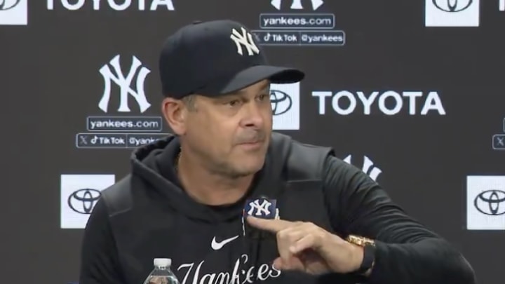 New York Yankees manager Aaron Boone speaks during a press conference following the club's 12-3 loss to the New York Mets at Yankee Stadium on July 24, 2023. New York Yankees manager Aaron Boone speaks during a press conference following the club's 12-3 loss to the New York Mets at Yankee Stadium on July 24, 2023.